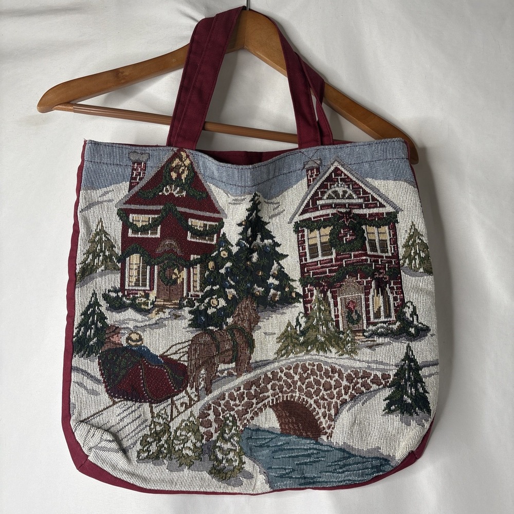VTG Christmas Tapestry Embroidered Snowy Village Scene w/sleigh‎ Tote Bag Red